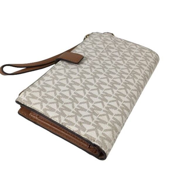 Michael Kors Jet Set Travel Adele Double Zip Phone Wallet Vanilla Tan Wristlet - Picture 15 of 16